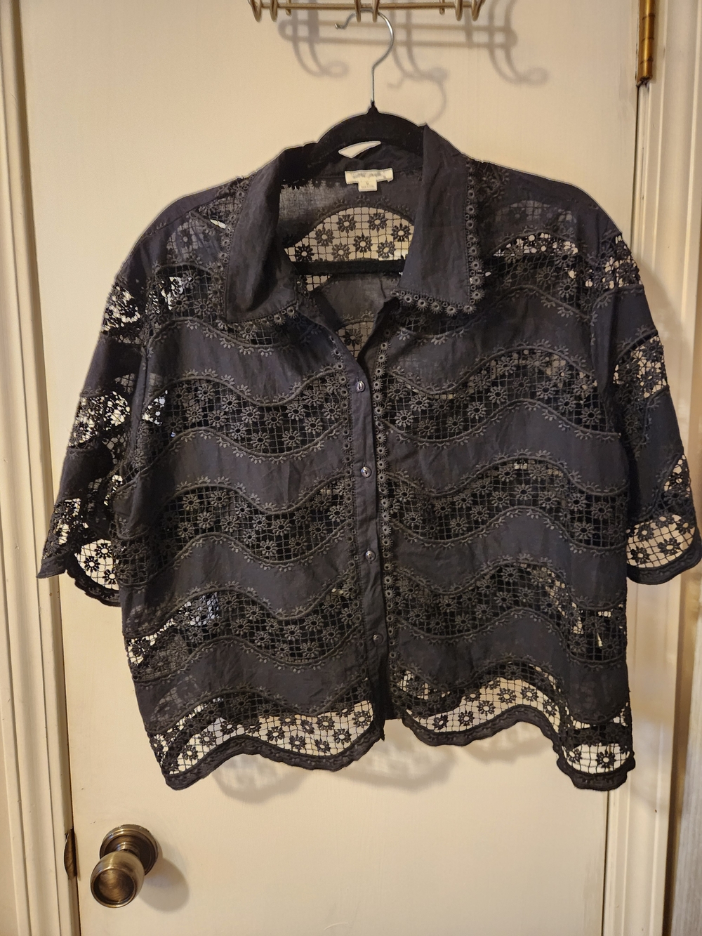 Lace Overlay Button-Front Women's Top - Black